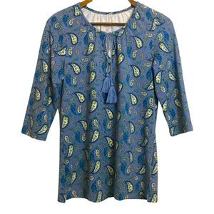Belle by Kim Gravel TripleLuxe Knit Top Blue Paisley Tunic Keyhole Neck